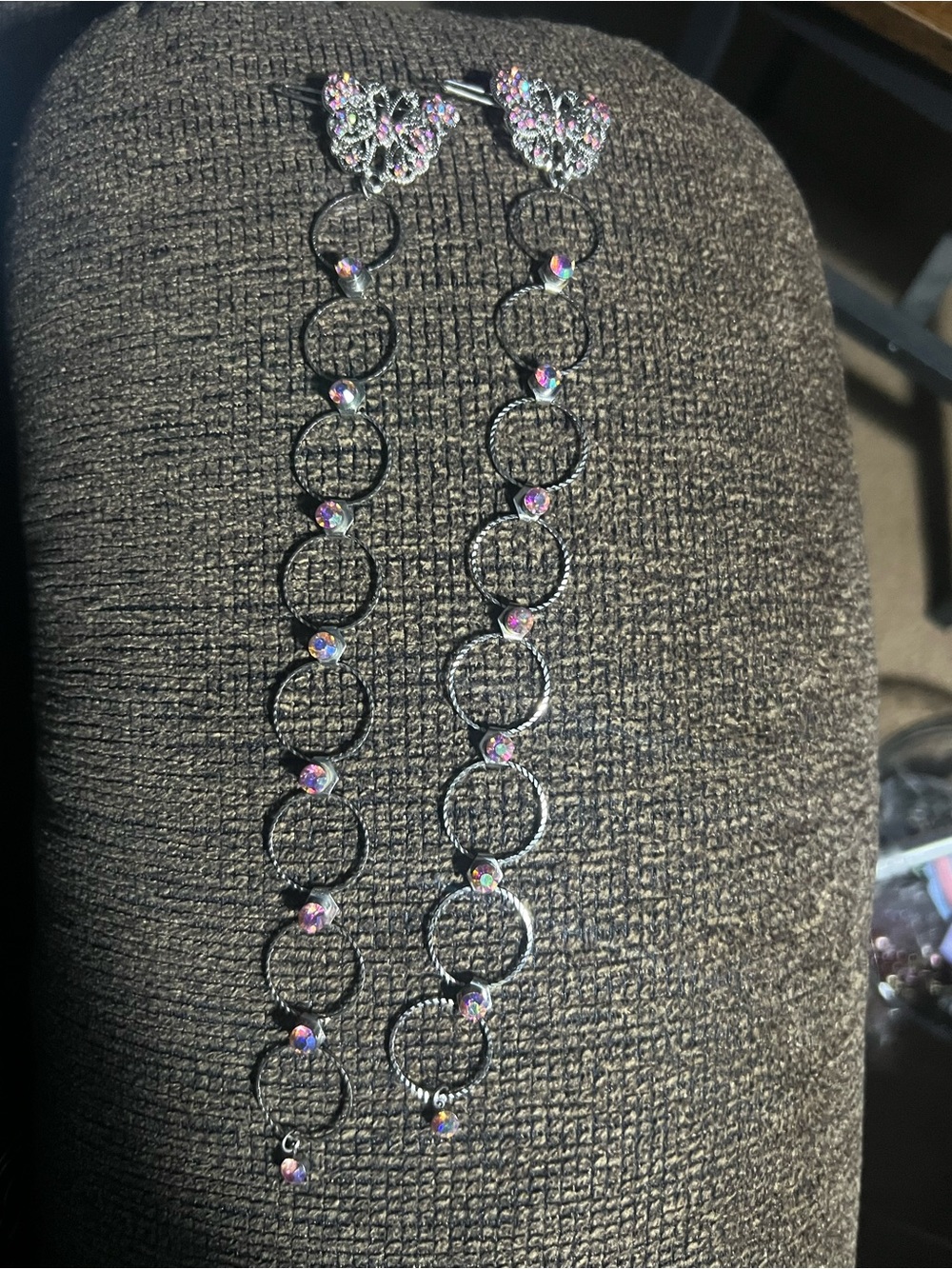 Long Silver Hoop and Crystal Drop Earrings - Pink Crystals M85